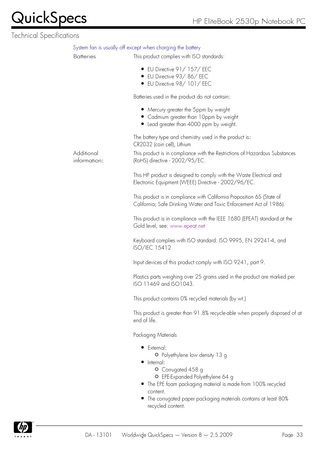 HP 2530p manual System fan is usually off except when charging the battery 