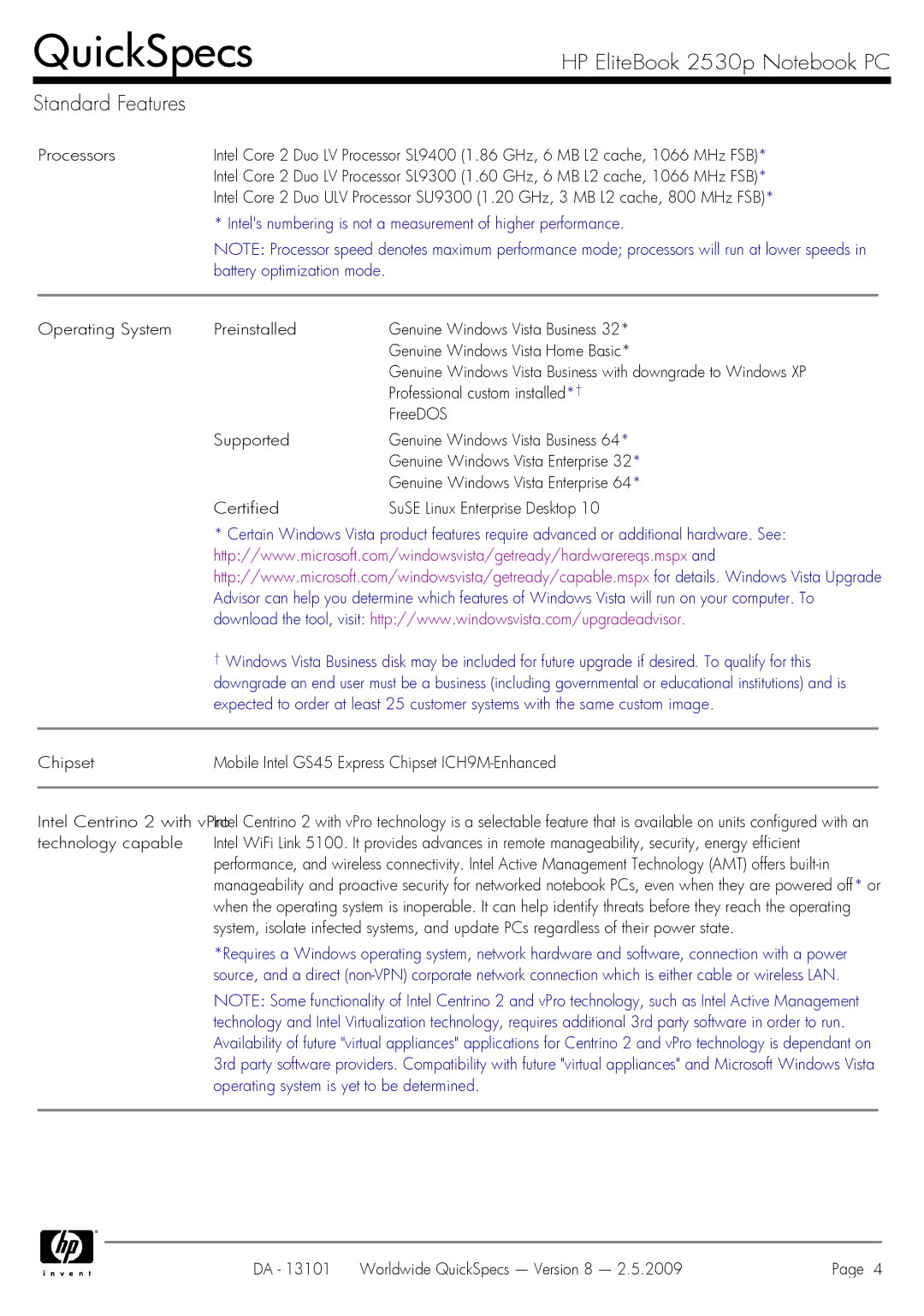 HP manual HP EliteBook 2530p Notebook PC Standard Features, Intels numbering is not a measurement of higher performance 