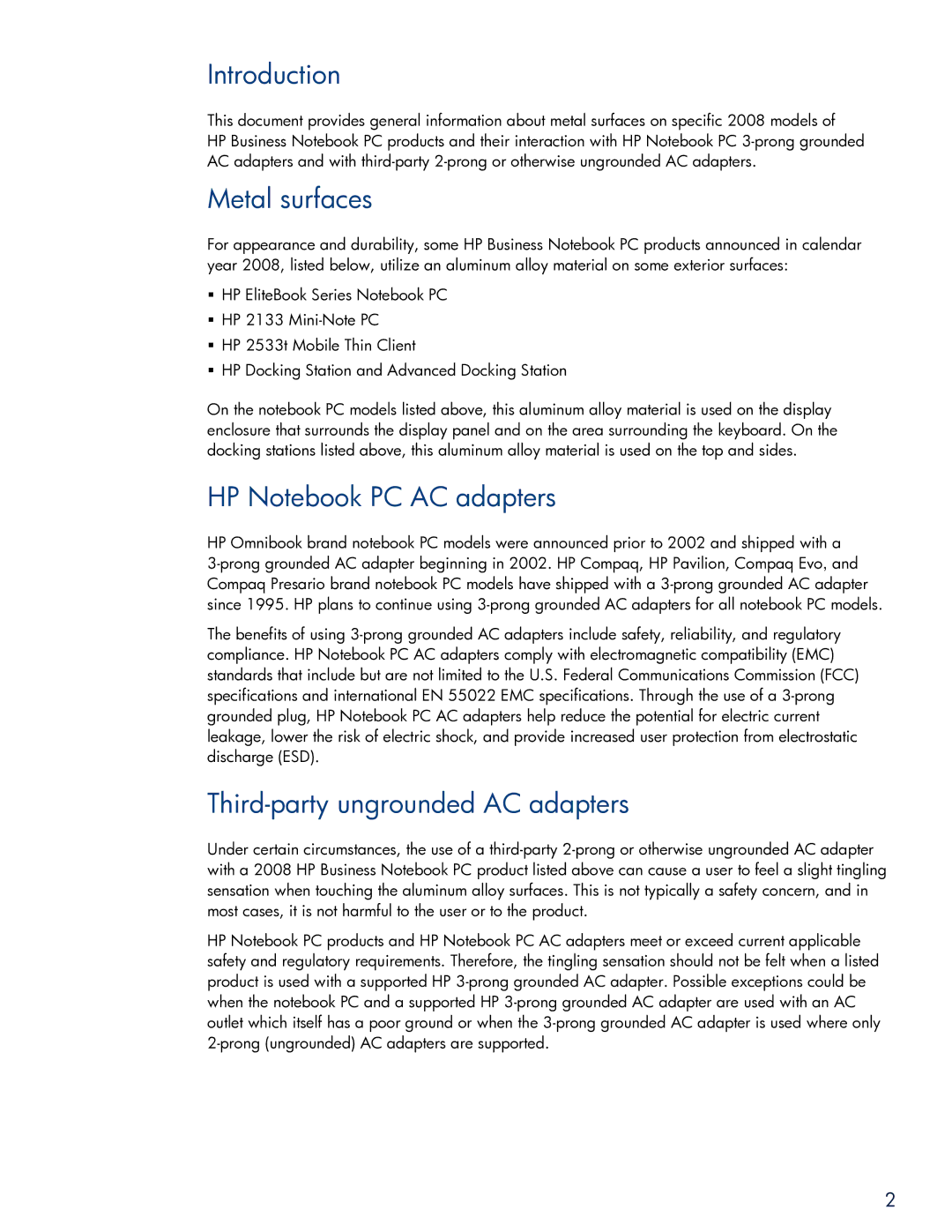 HP 2533t Mobile manual Introduction, Metal surfaces, HP Notebook PC AC adapters, Third-party ungrounded AC adapters 