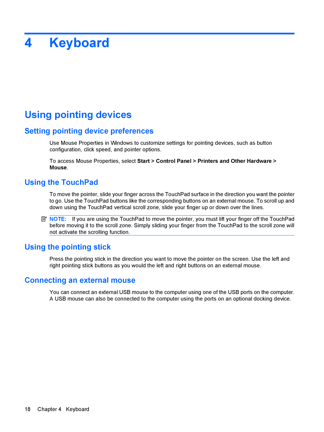 HP 2533t Mobile manual Keyboard, Using pointing devices 