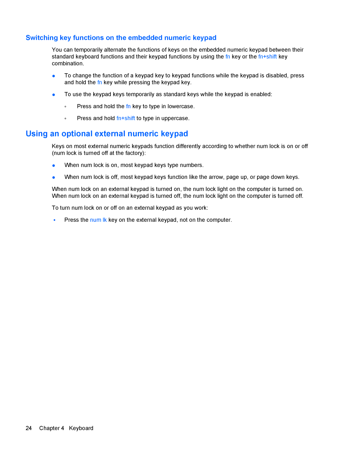 HP 2533t Mobile manual Using an optional external numeric keypad, Switching key functions on the embedded numeric keypad 