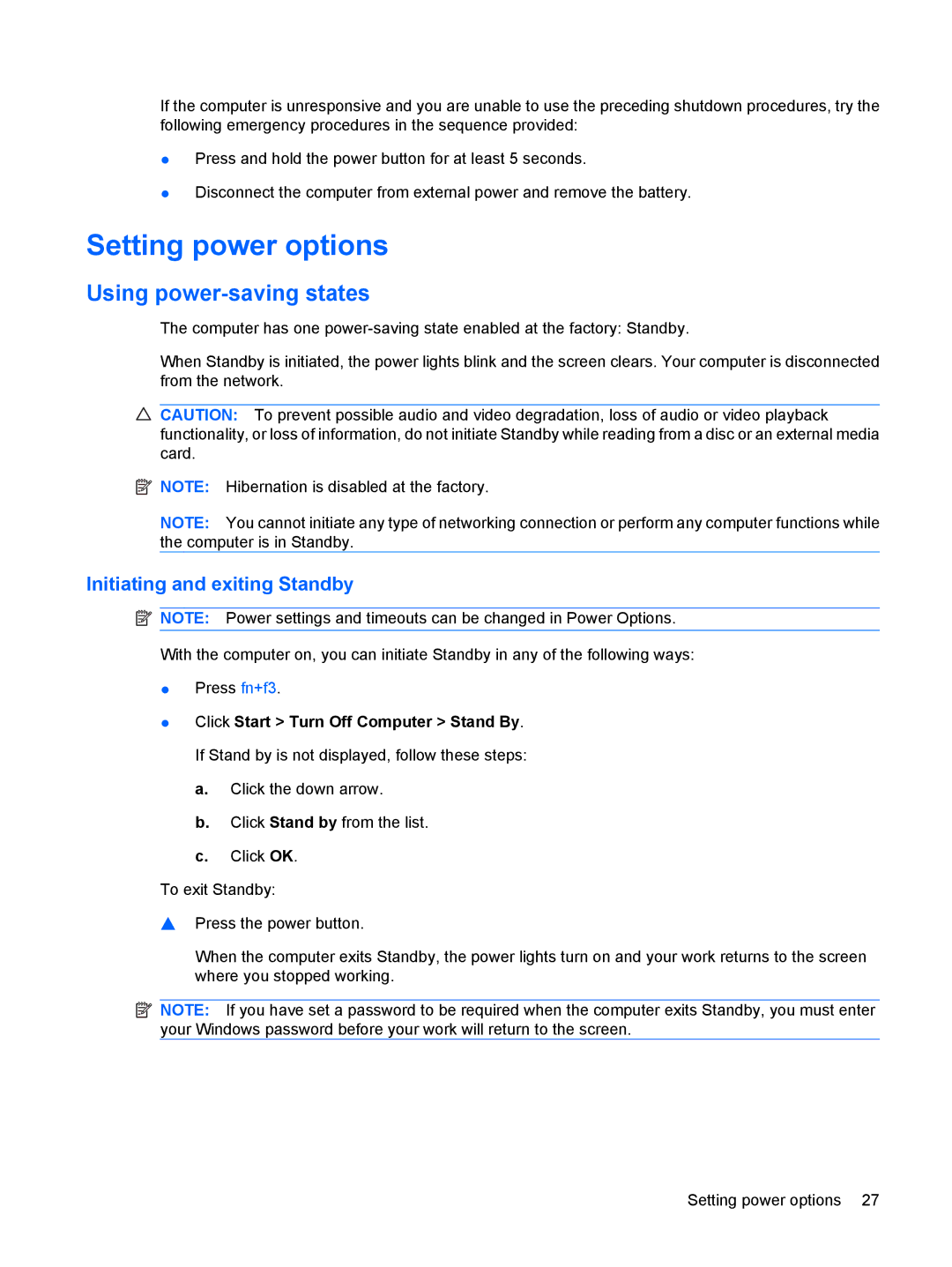 HP 2533t Mobile manual Setting power options, Using power-saving states, Initiating and exiting Standby 