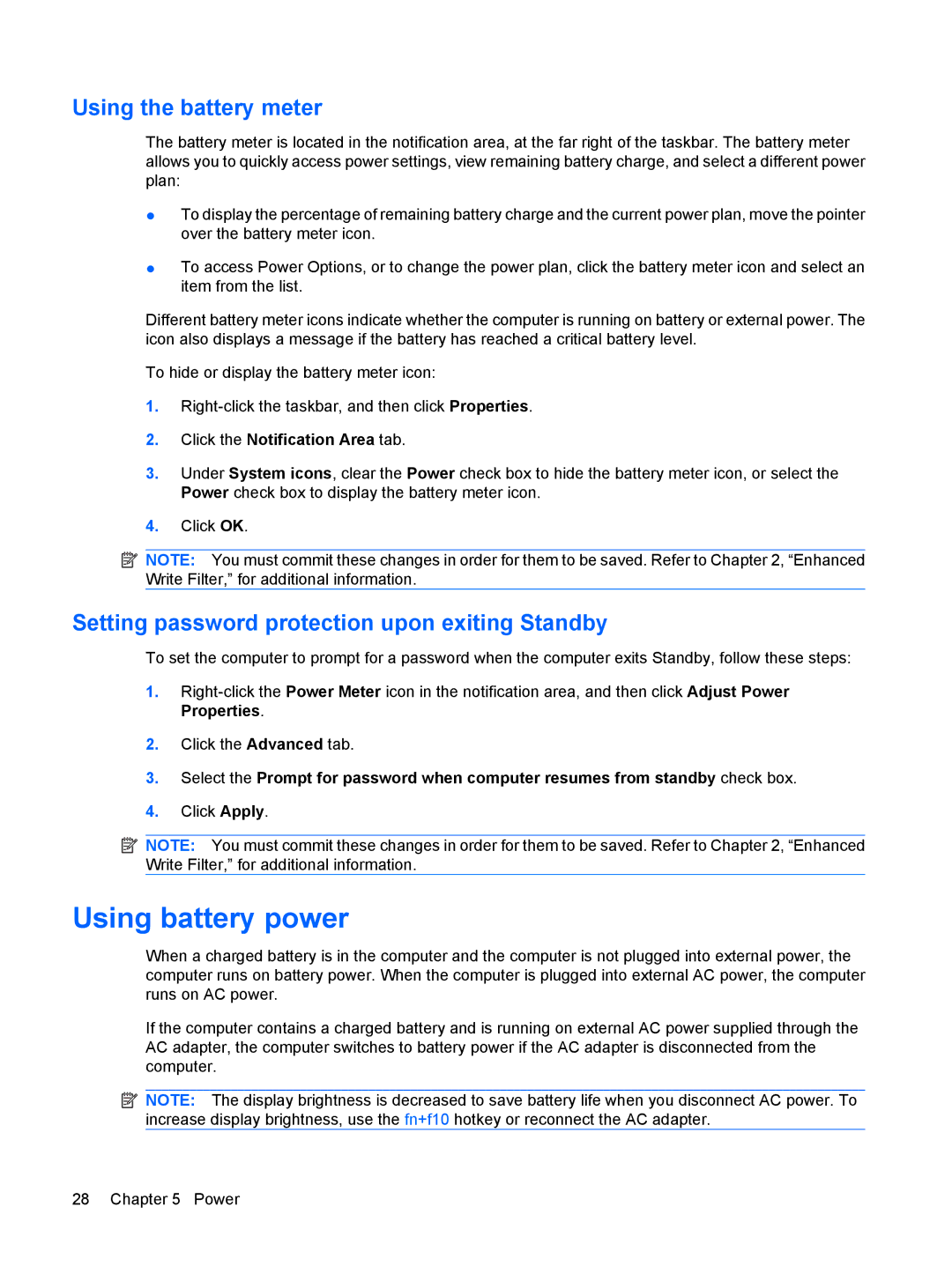 HP 2533t Mobile manual Using battery power, Using the battery meter, Setting password protection upon exiting Standby 