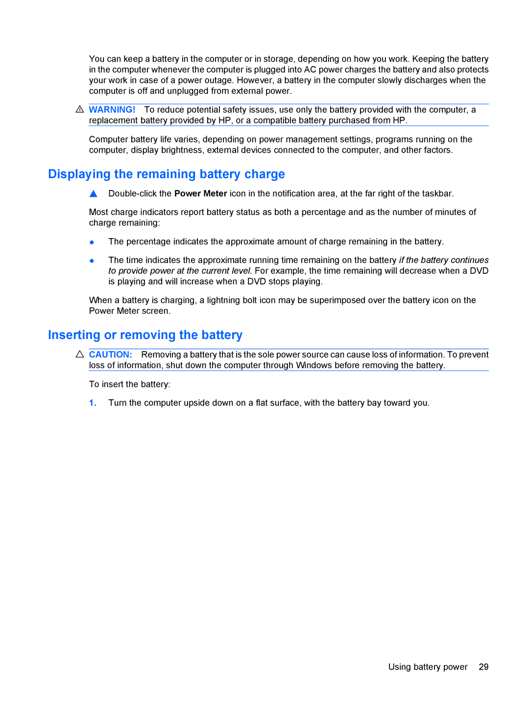 HP 2533t Mobile manual Displaying the remaining battery charge, Inserting or removing the battery 