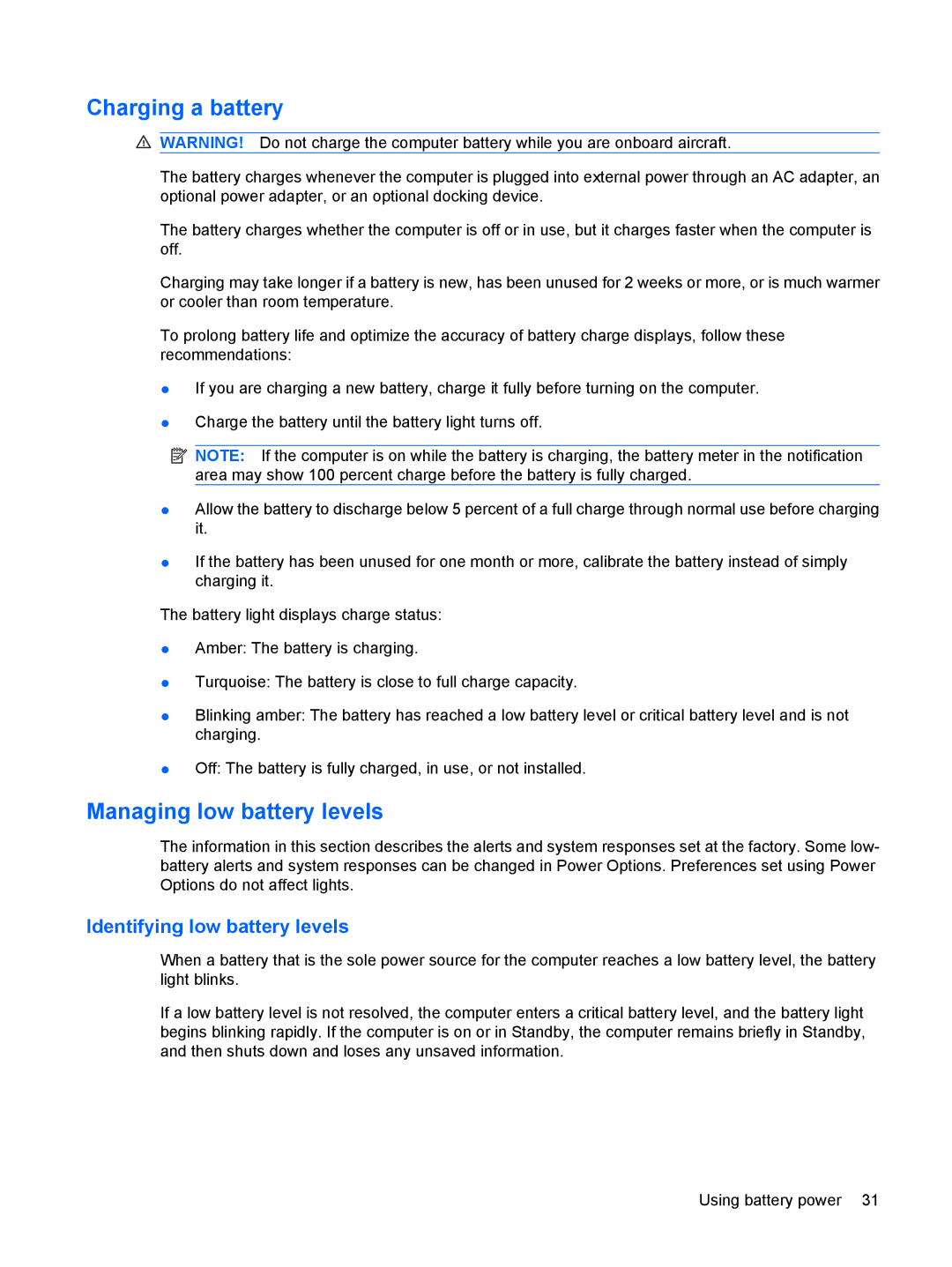 HP 2533t Mobile manual Charging a battery, Managing low battery levels, Identifying low battery levels 