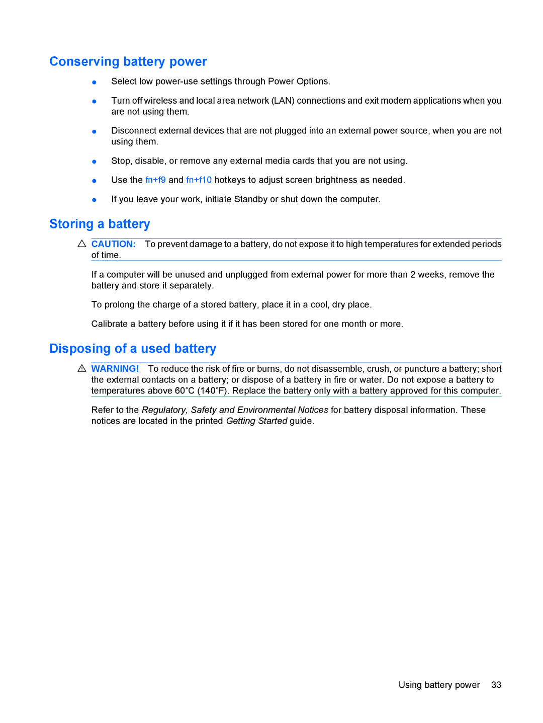 HP 2533t Mobile manual Conserving battery power, Storing a battery, Disposing of a used battery 