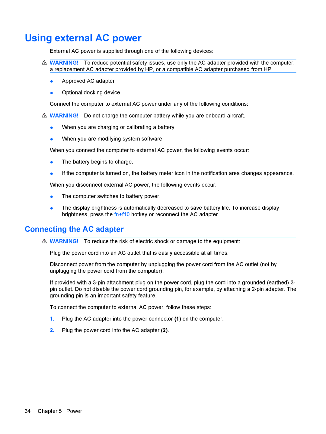 HP 2533t Mobile manual Using external AC power, Connecting the AC adapter 