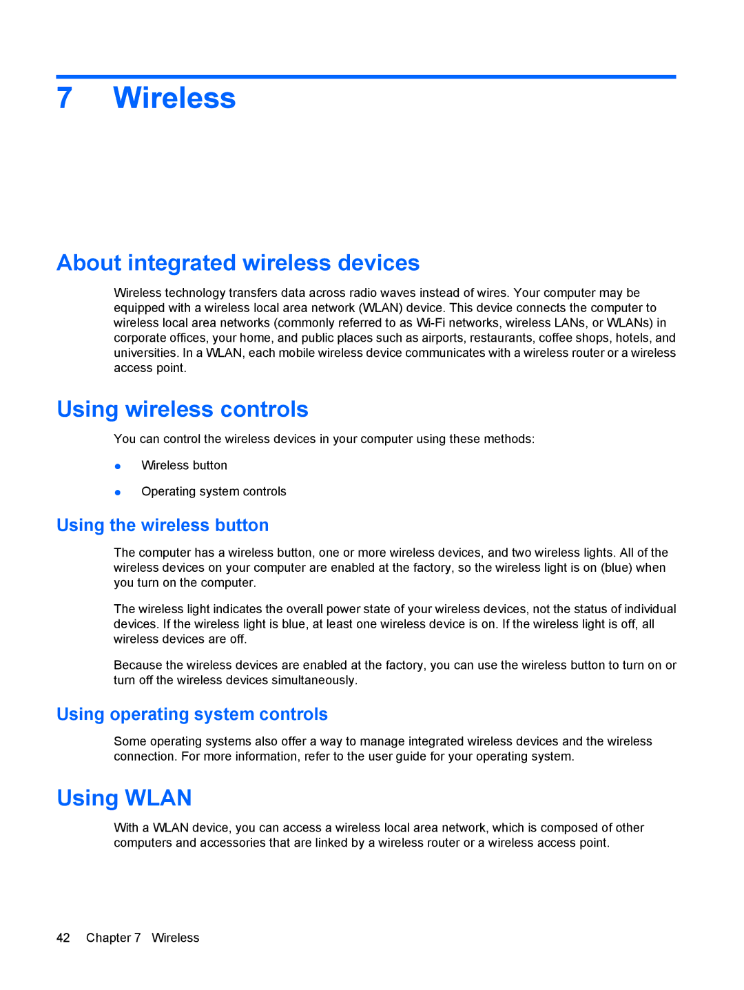 HP 2533t Mobile manual Wireless, About integrated wireless devices, Using wireless controls, Using Wlan 