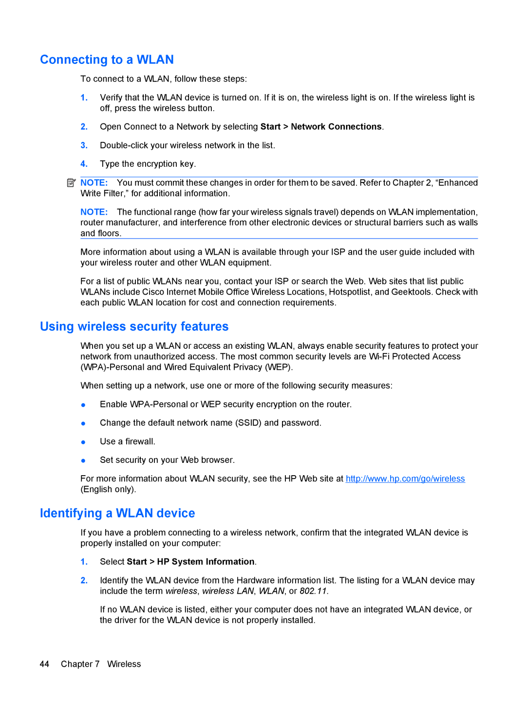 HP 2533t Mobile manual Connecting to a Wlan, Using wireless security features, Identifying a Wlan device 