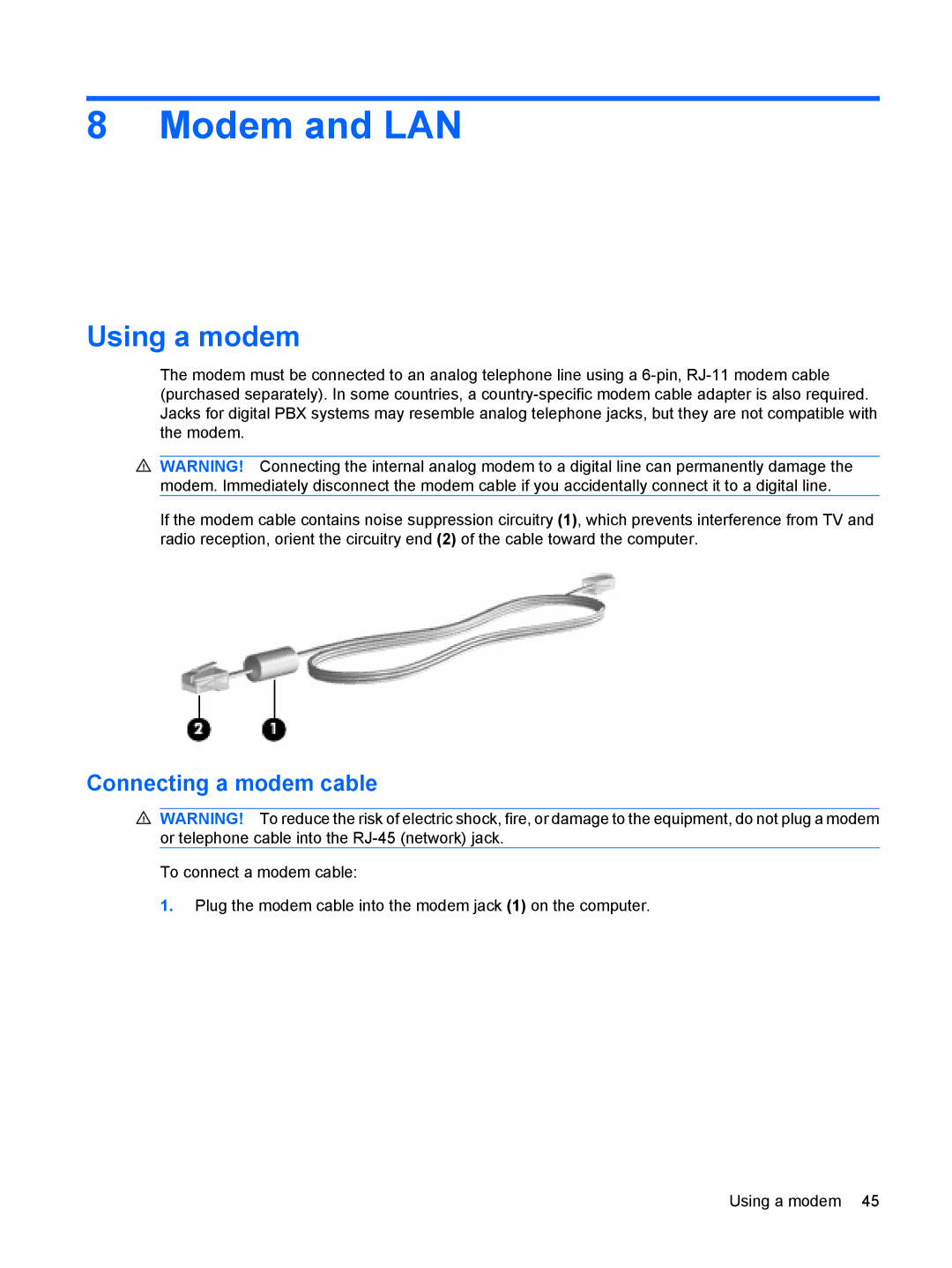 HP 2533t Mobile manual Modem and LAN, Using a modem, Connecting a modem cable 