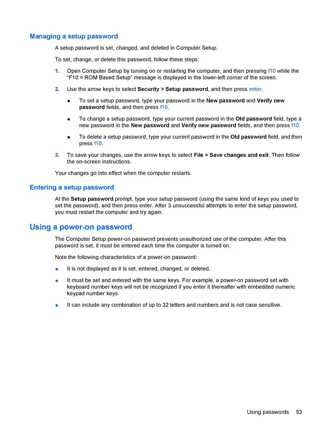 HP 2533t Mobile manual Using a power-on password, Managing a setup password, Entering a setup password 