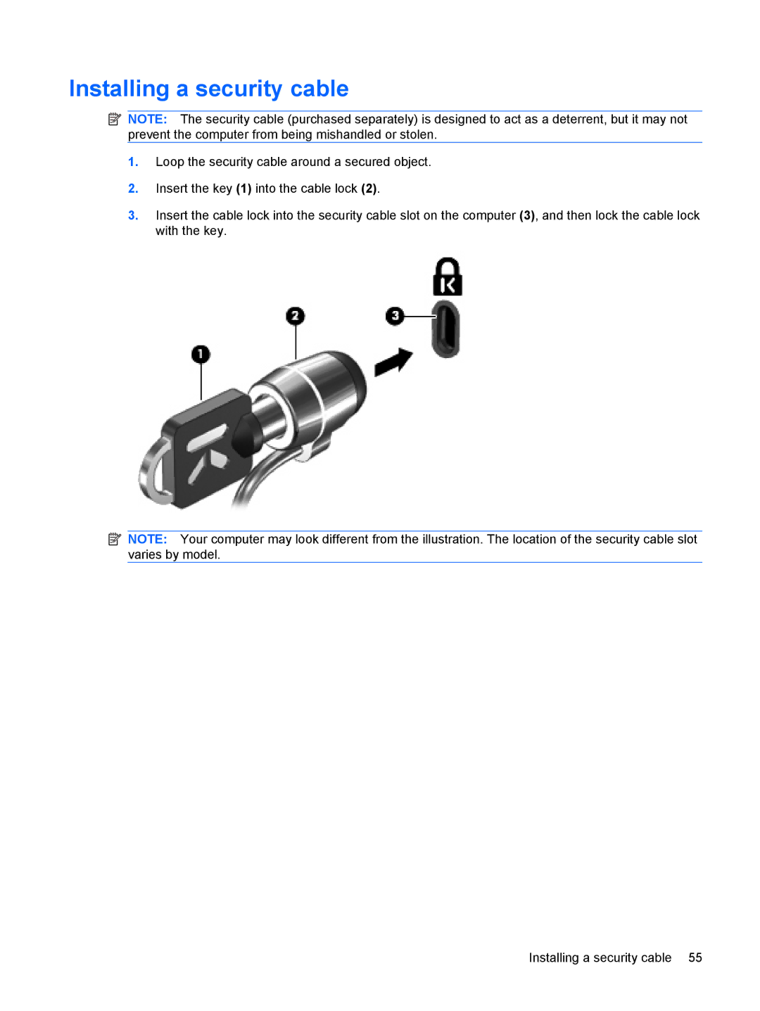 HP 2533t Mobile manual Installing a security cable 