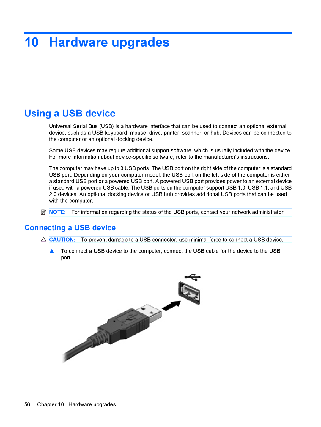 HP 2533t Mobile manual Hardware upgrades, Using a USB device, Connecting a USB device 