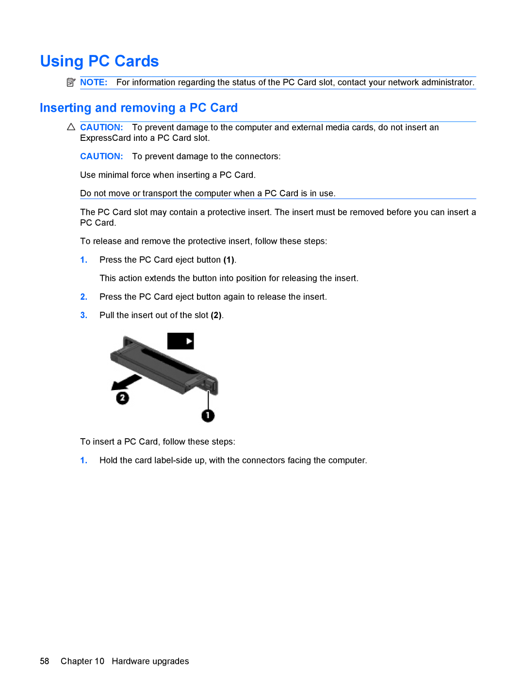 HP 2533t Mobile manual Using PC Cards, Inserting and removing a PC Card 