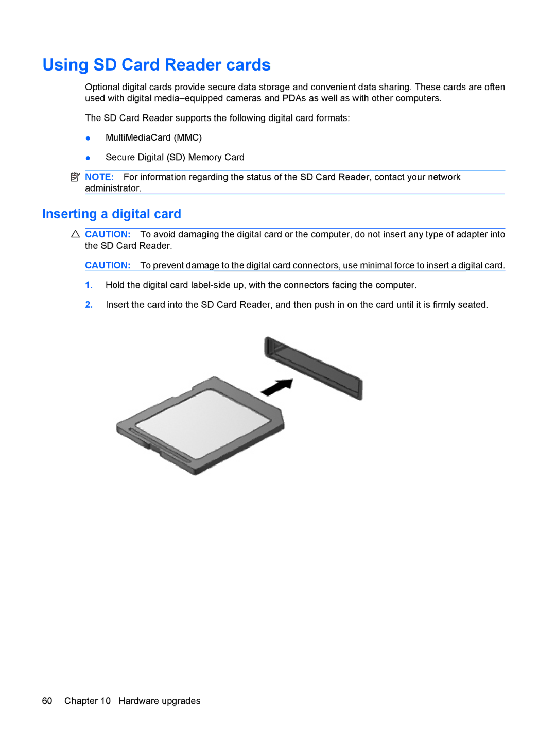 HP 2533t Mobile manual Using SD Card Reader cards, Inserting a digital card 