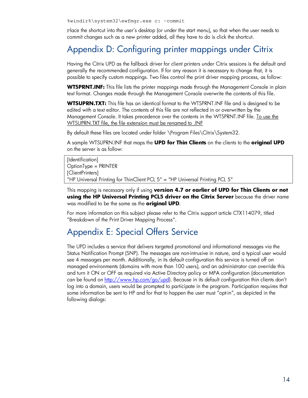 HP 2533t Mobile manual Appendix D Configuring printer mappings under Citrix, Appendix E Special Offers Service 