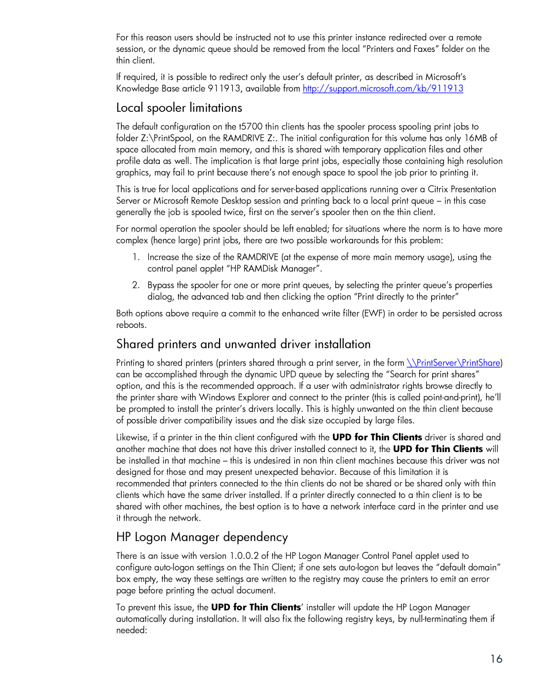 HP 2533t Mobile Local spooler limitations, Shared printers and unwanted driver installation, HP Logon Manager dependency 