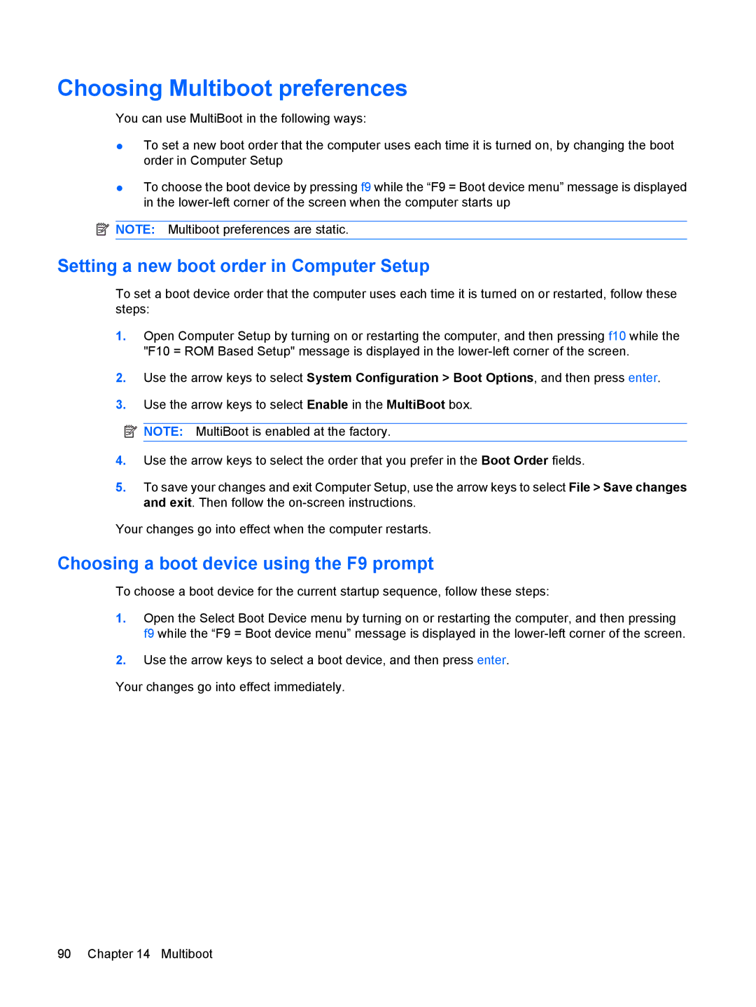 HP 2533t Mobile manual Choosing Multiboot preferences, Setting a new boot order in Computer Setup 