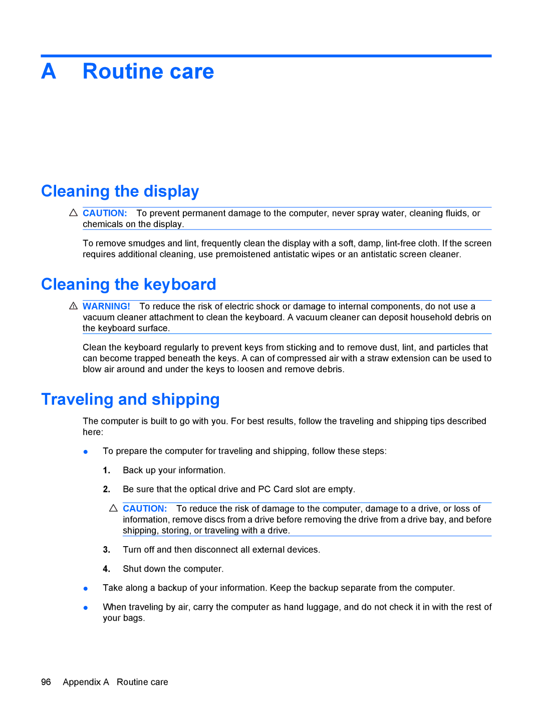 HP 2533t Mobile manual Routine care, Cleaning the display, Cleaning the keyboard, Traveling and shipping 