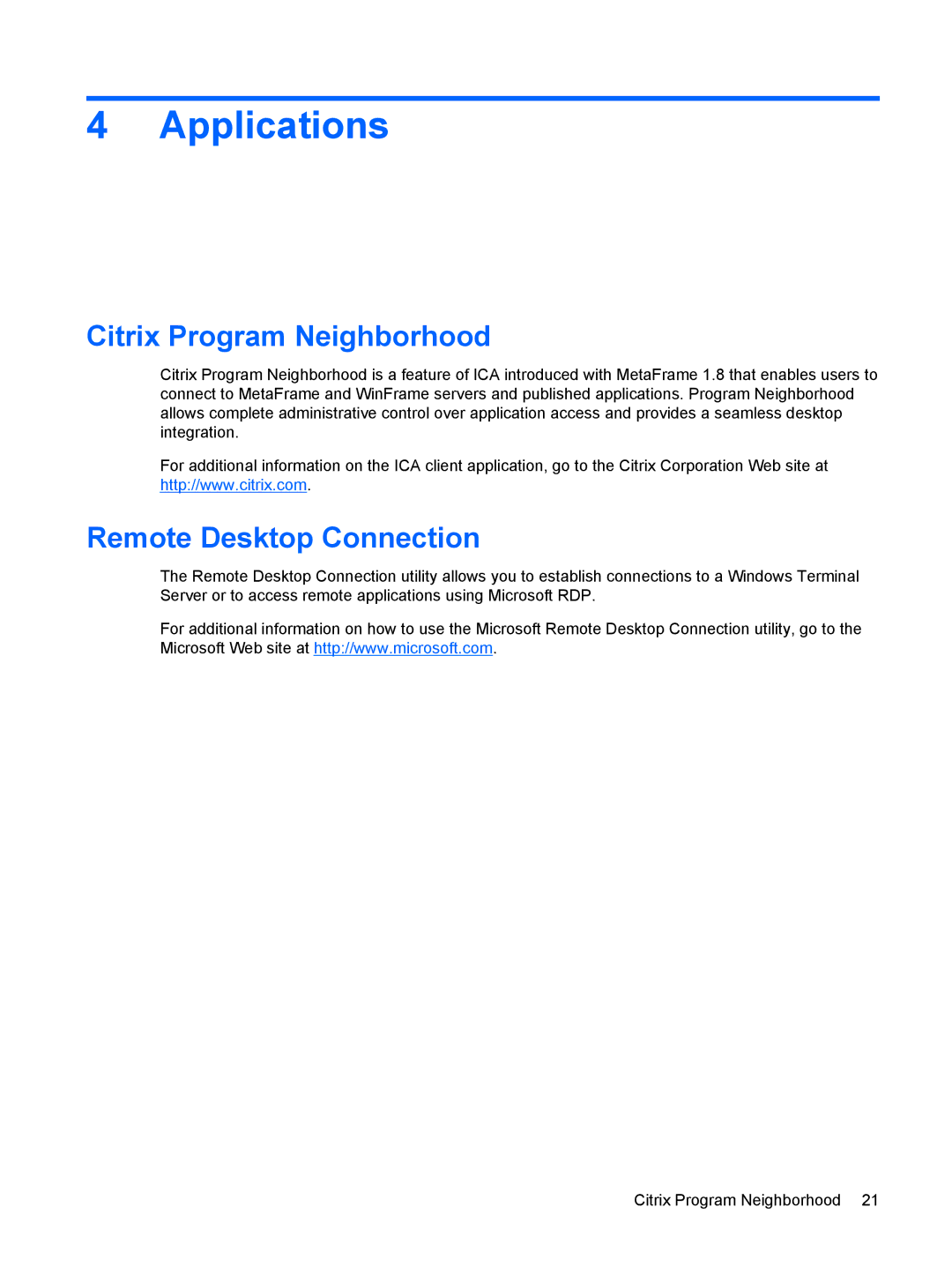 HP 2533t Mobile manual Applications, Citrix Program Neighborhood, Remote Desktop Connection 