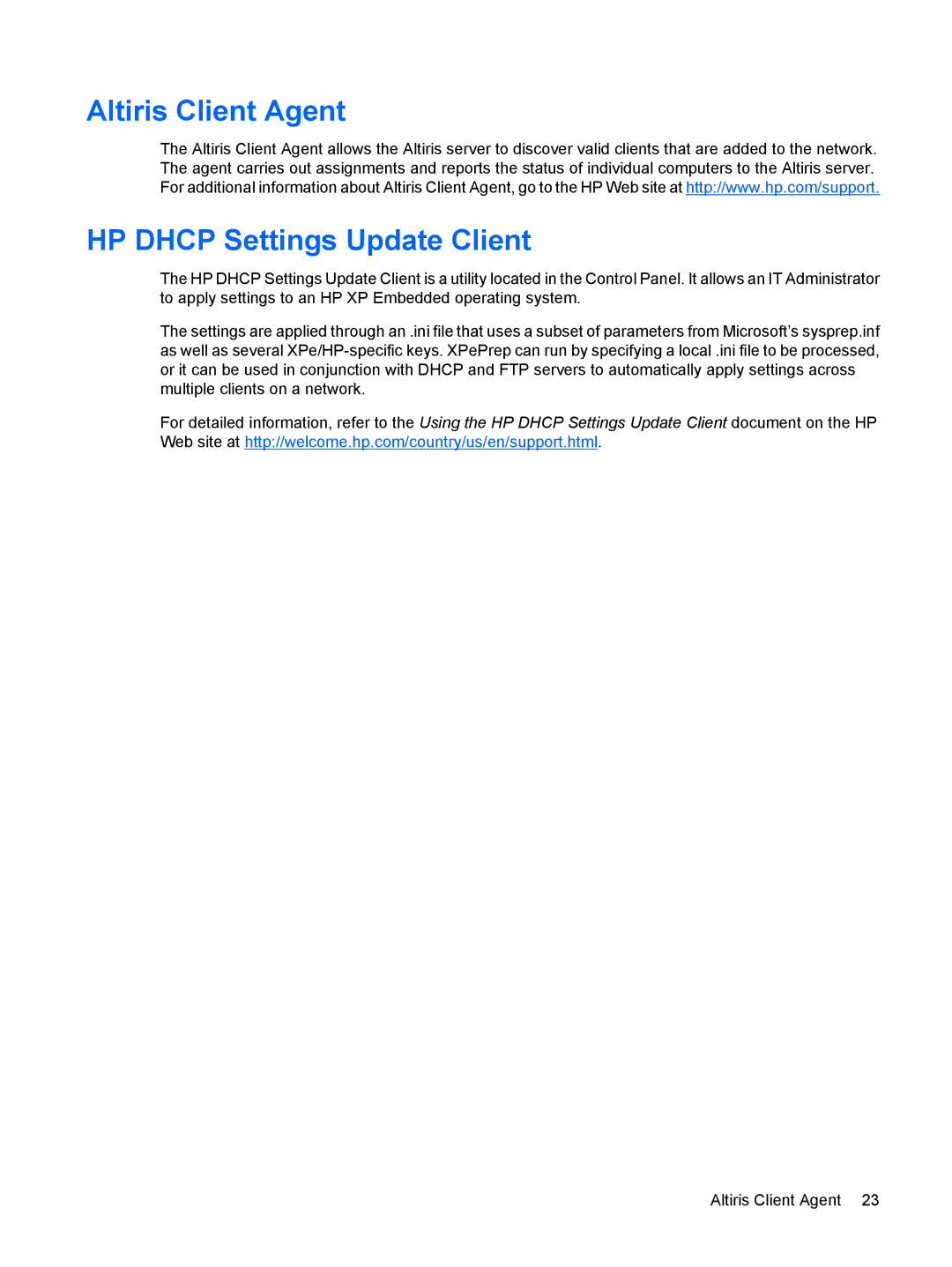 HP 2533t Mobile manual Altiris Client Agent HP Dhcp Settings Update Client 