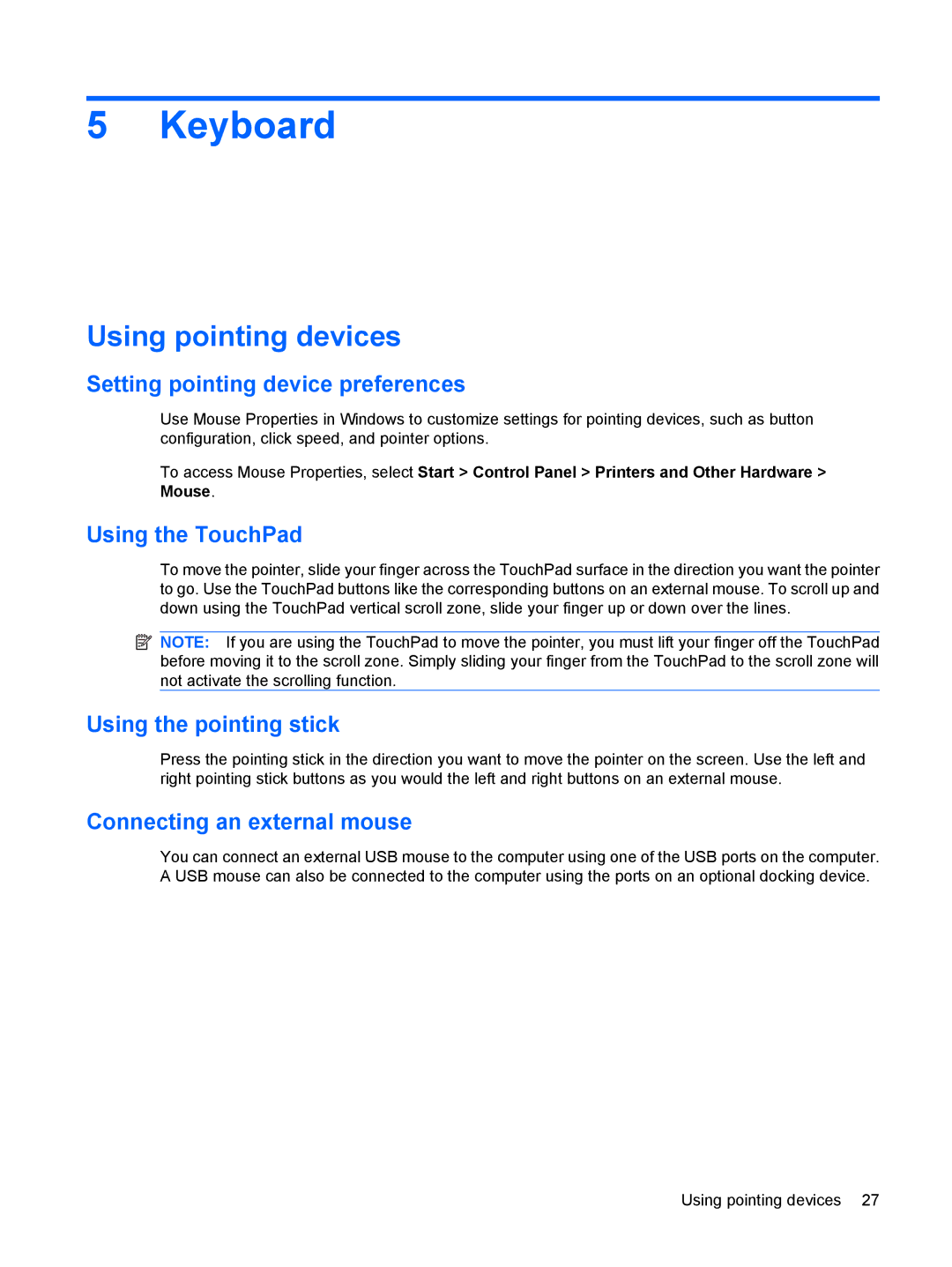 HP 2533t Mobile manual Keyboard, Using pointing devices 