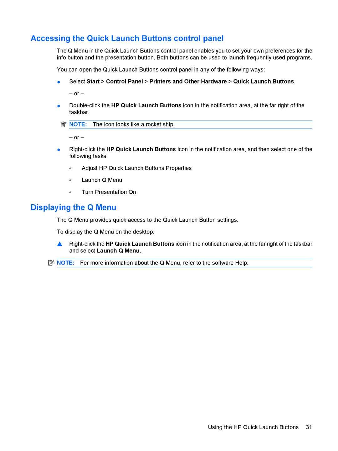 HP 2533t Mobile manual Accessing the Quick Launch Buttons control panel, Displaying the Q Menu 