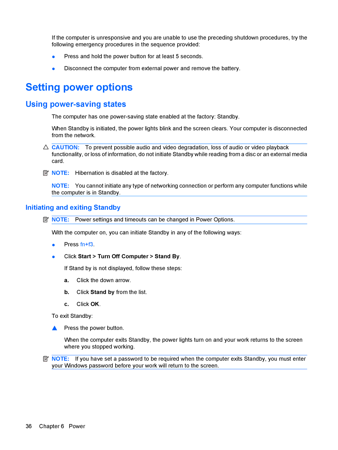 HP 2533t Mobile manual Setting power options, Using power-saving states, Initiating and exiting Standby 