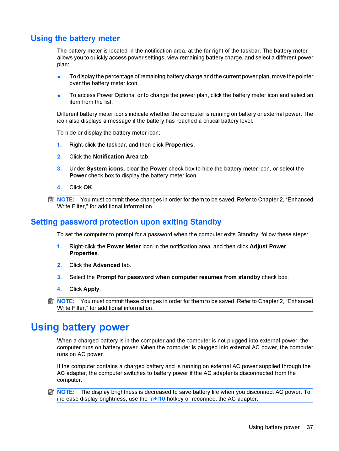 HP 2533t Mobile manual Using battery power, Using the battery meter, Setting password protection upon exiting Standby 