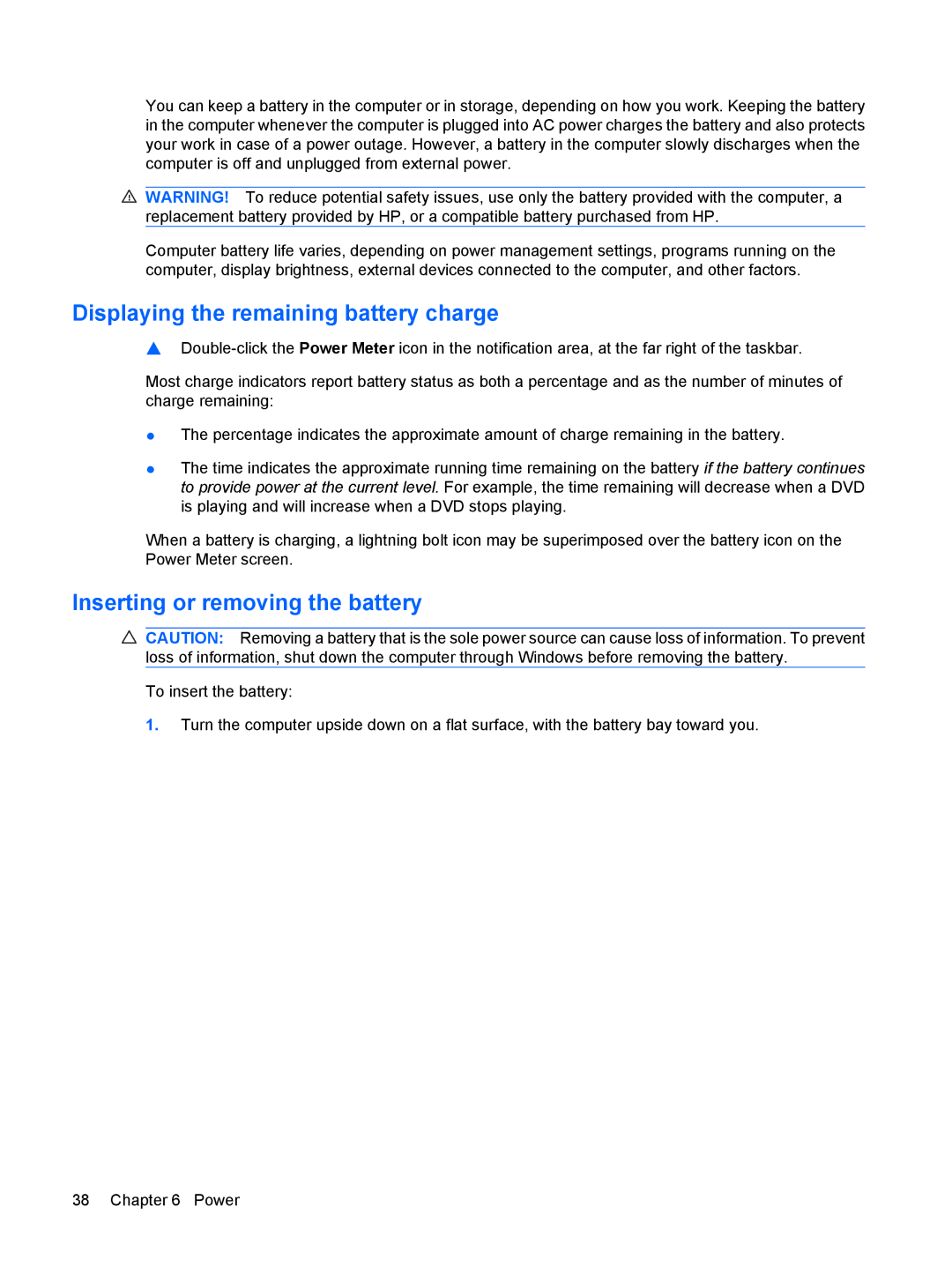 HP 2533t Mobile manual Displaying the remaining battery charge, Inserting or removing the battery 