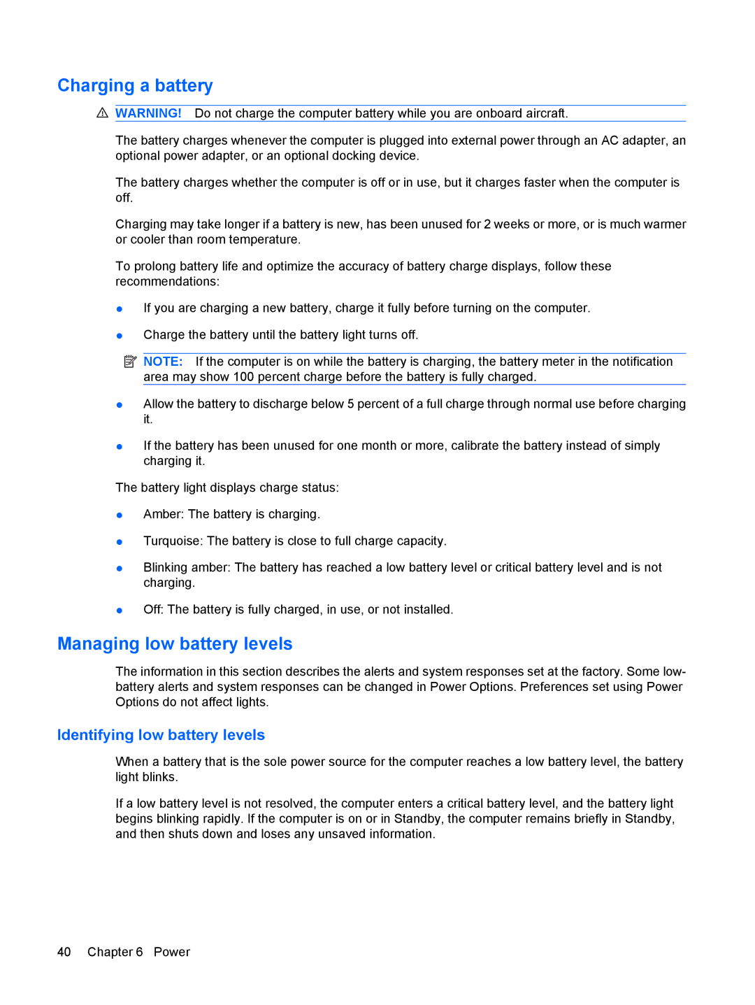 HP 2533t Mobile manual Charging a battery, Managing low battery levels, Identifying low battery levels 