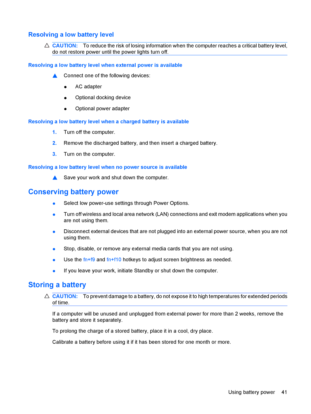 HP 2533t Mobile manual Conserving battery power, Storing a battery, Resolving a low battery level 