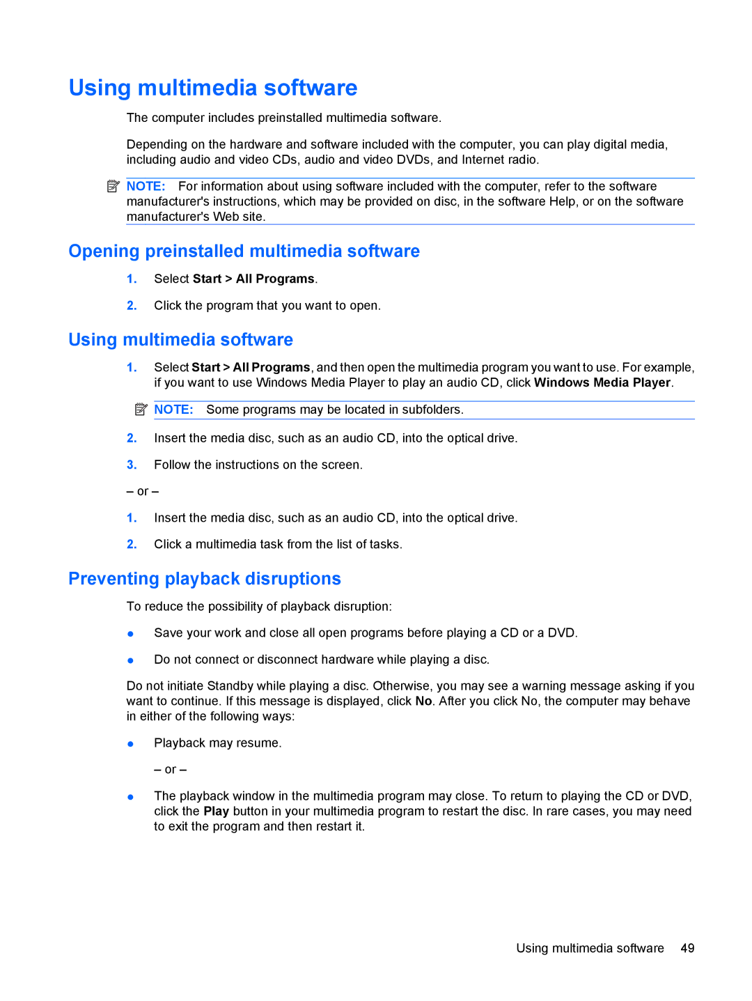 HP 2533t Mobile manual Using multimedia software, Opening preinstalled multimedia software, Preventing playback disruptions 