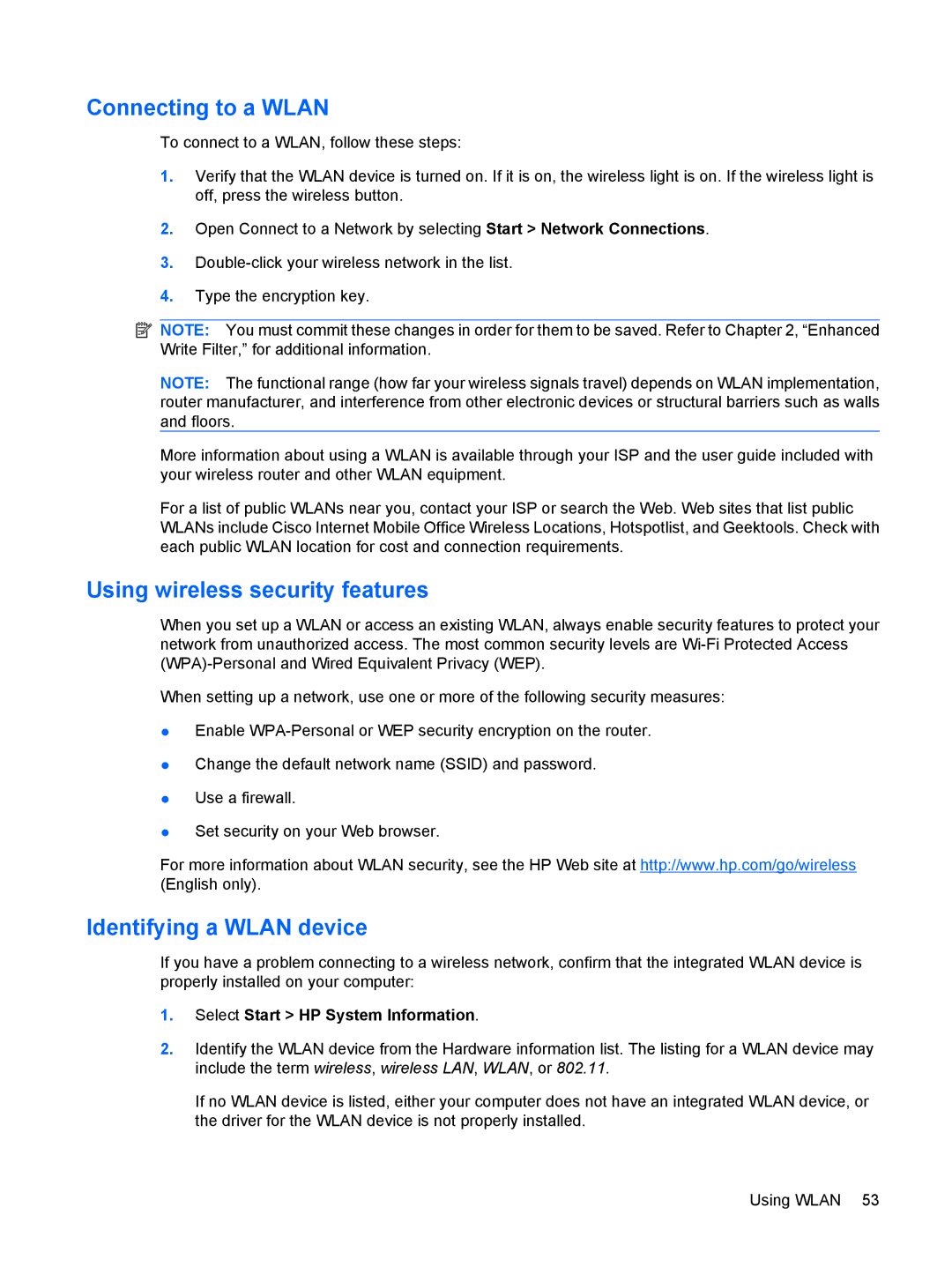 HP 2533t Mobile manual Connecting to a Wlan, Using wireless security features, Identifying a Wlan device 