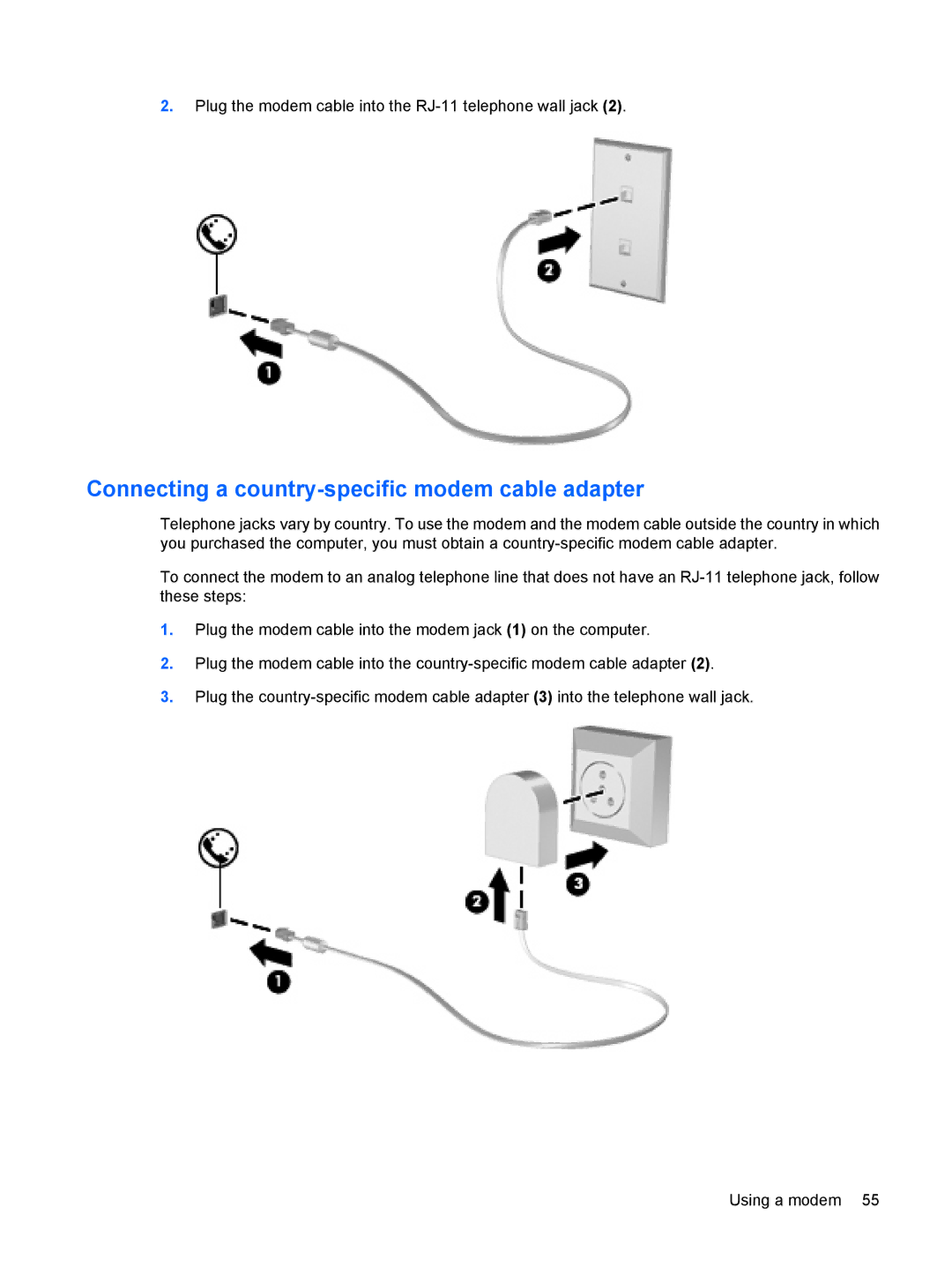 HP 2533t Mobile manual Connecting a country-specific modem cable adapter 