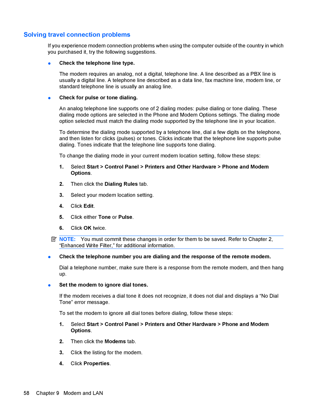 HP 2533t Mobile manual Solving travel connection problems, Check the telephone line type, Check for pulse or tone dialing 