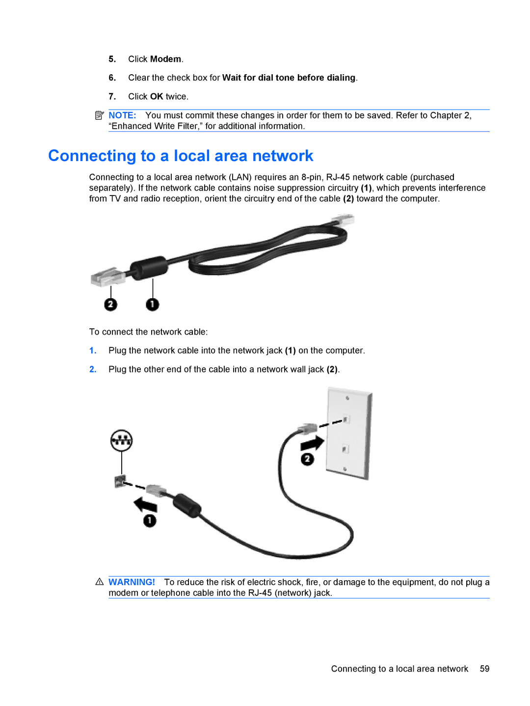 HP 2533t Mobile manual Connecting to a local area network, Clear the check box for Wait for dial tone before dialing 