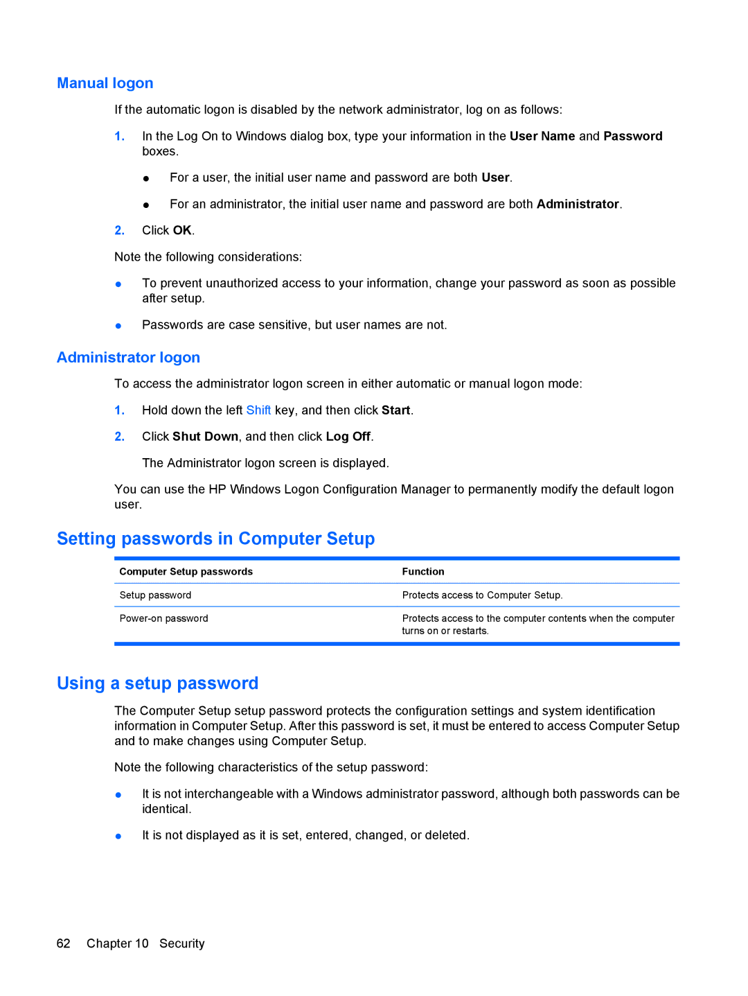 HP 2533t Mobile manual Setting passwords in Computer Setup, Using a setup password, Manual logon, Administrator logon 