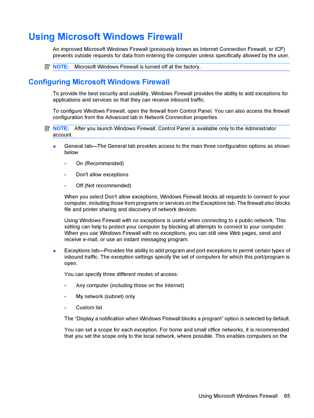 HP 2533t Mobile manual Using Microsoft Windows Firewall, Configuring Microsoft Windows Firewall 