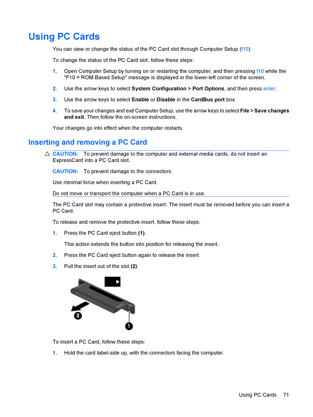 HP 2533t Mobile manual Using PC Cards, Inserting and removing a PC Card 