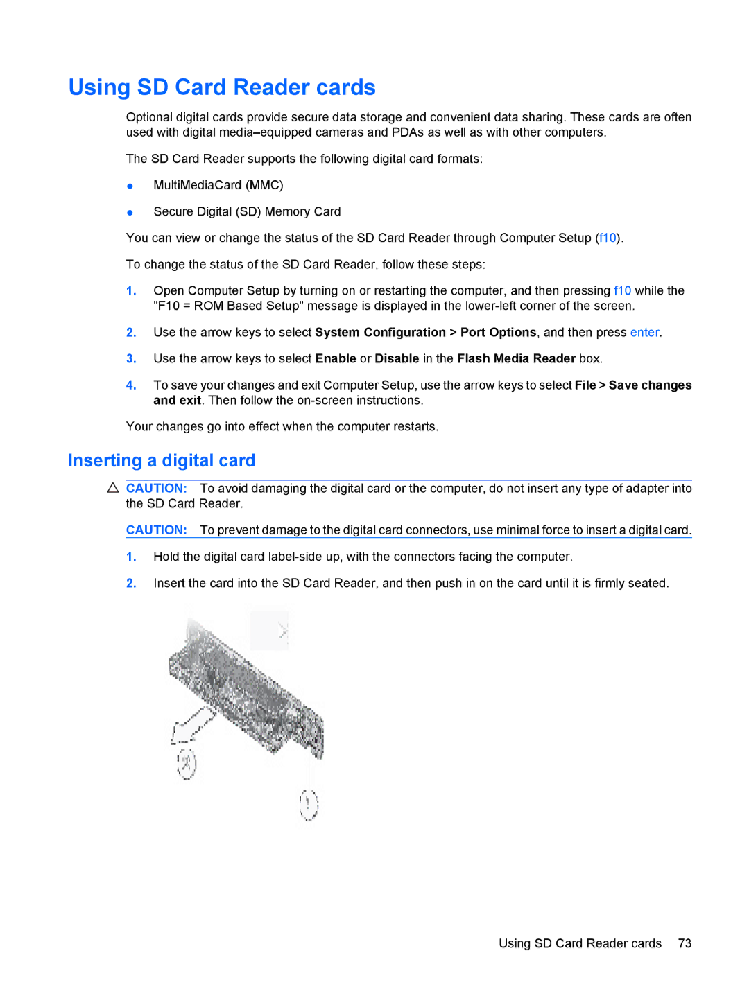 HP 2533t Mobile manual Using SD Card Reader cards, Inserting a digital card 