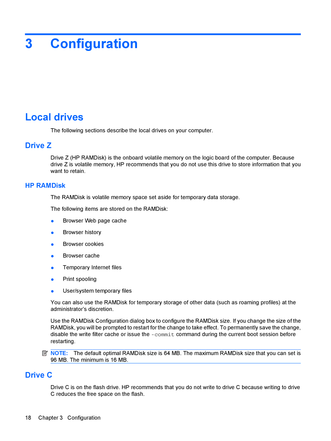 HP 2533t Mobile manual Configuration, Local drives, Drive Z, Drive C, HP RAMDisk 