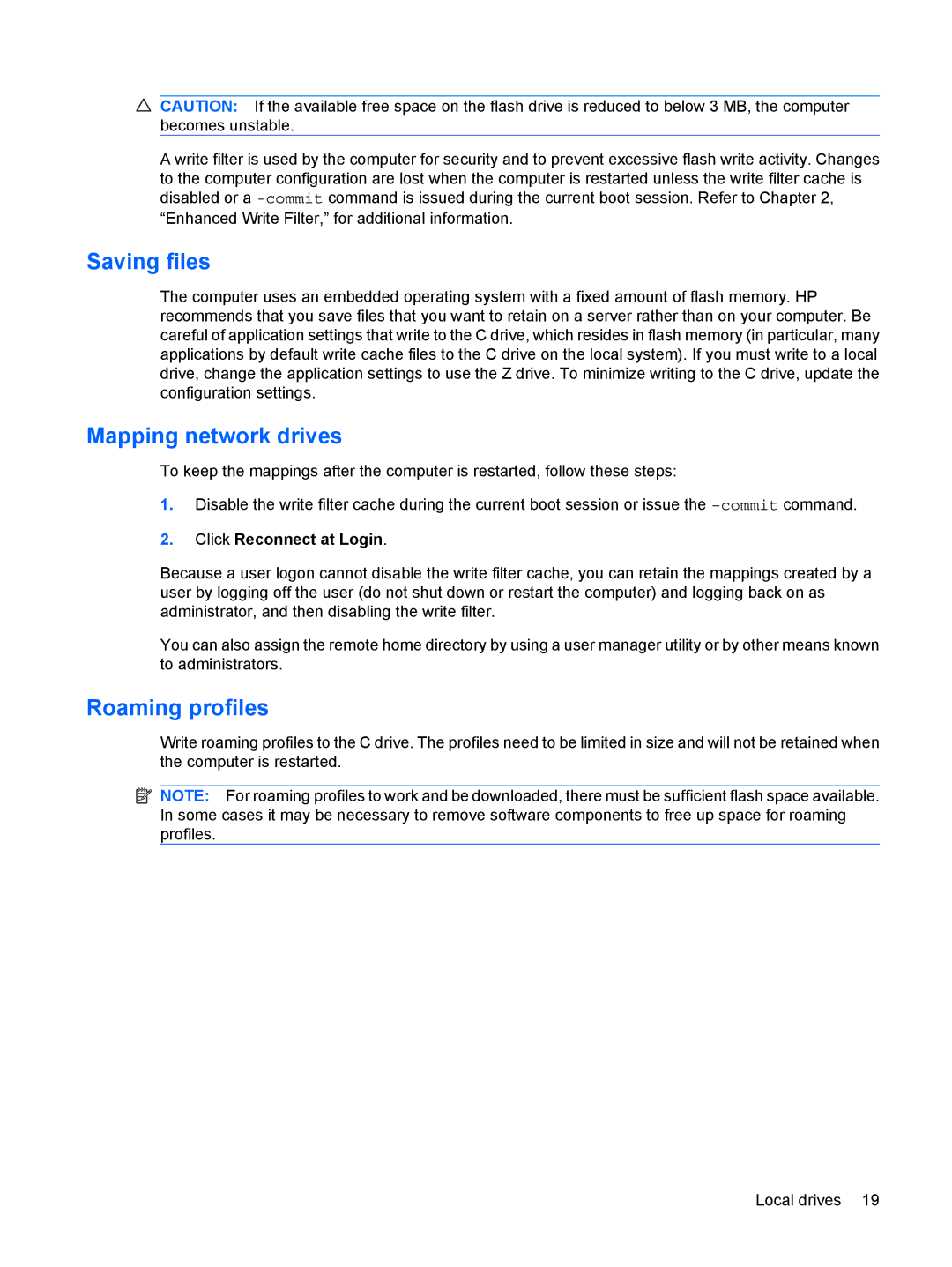 HP 2533t Mobile manual Saving files, Mapping network drives, Roaming profiles, Click Reconnect at Login 