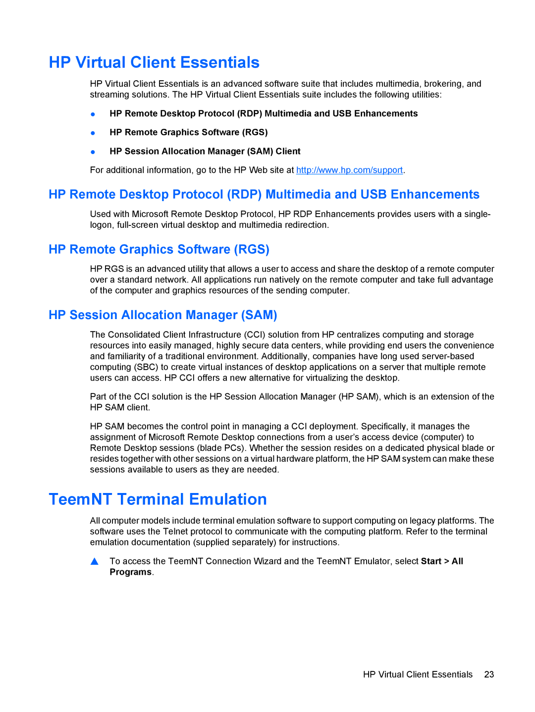 HP 2533t Mobile manual HP Virtual Client Essentials, TeemNT Terminal Emulation, HP Remote Graphics Software RGS 