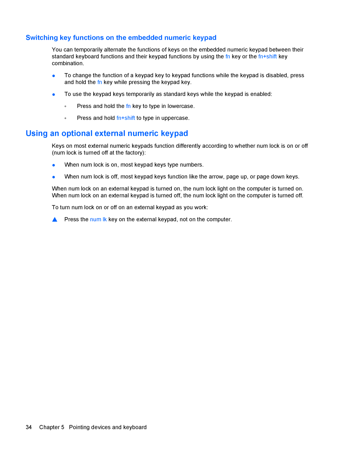 HP 2533t Mobile manual Using an optional external numeric keypad, Switching key functions on the embedded numeric keypad 