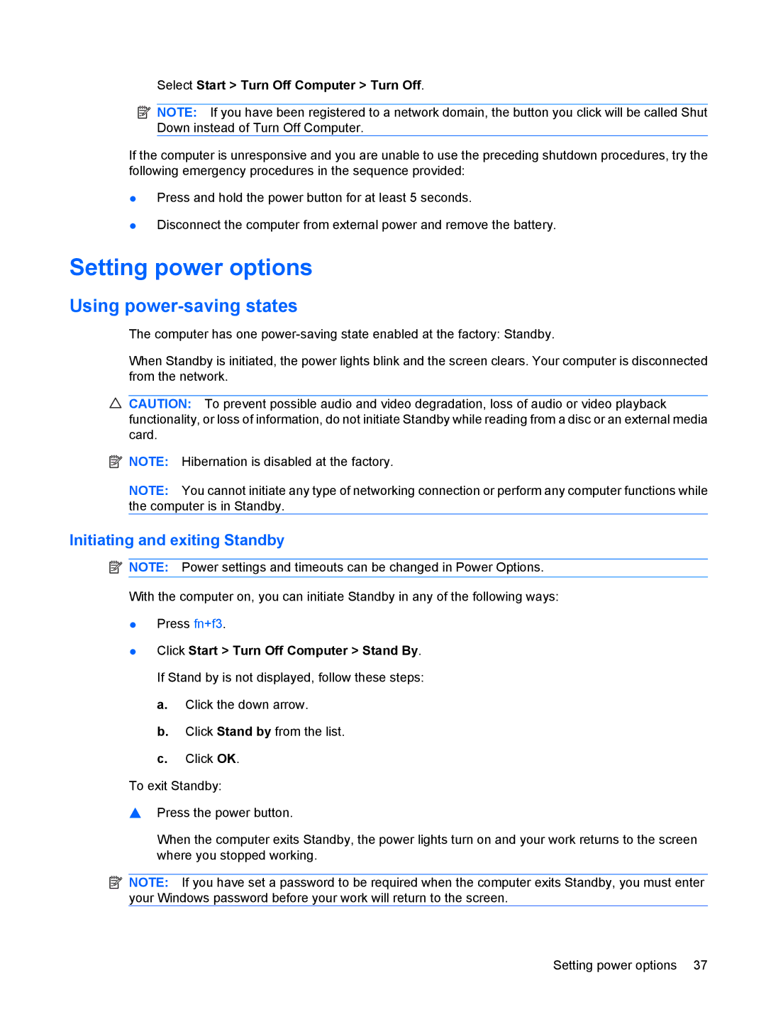 HP 2533t Mobile manual Setting power options, Using power-saving states, Initiating and exiting Standby 