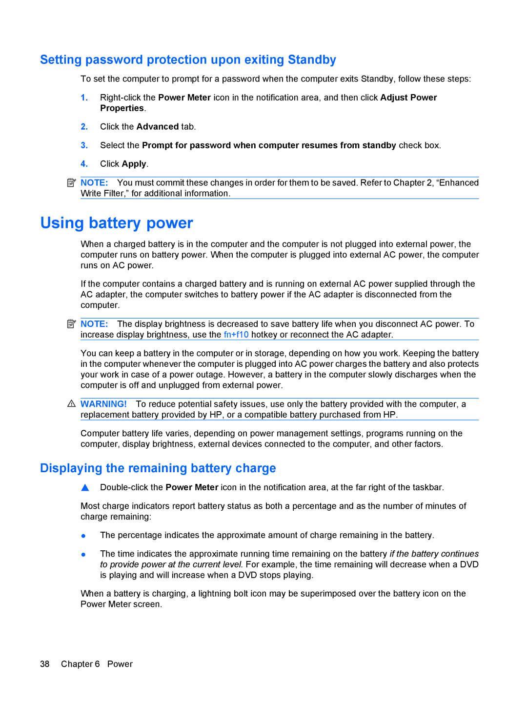 HP 2533t Mobile manual Using battery power, Setting password protection upon exiting Standby 