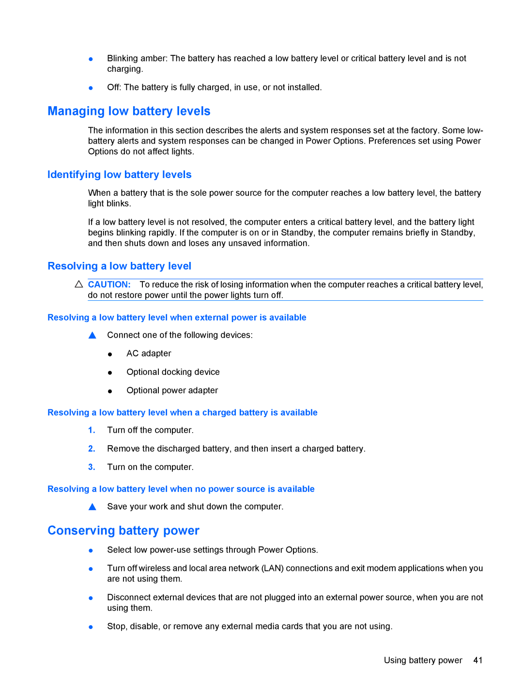 HP 2533t Mobile manual Managing low battery levels, Conserving battery power, Identifying low battery levels 