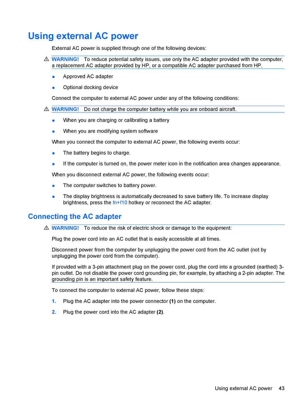 HP 2533t Mobile manual Using external AC power, Connecting the AC adapter 