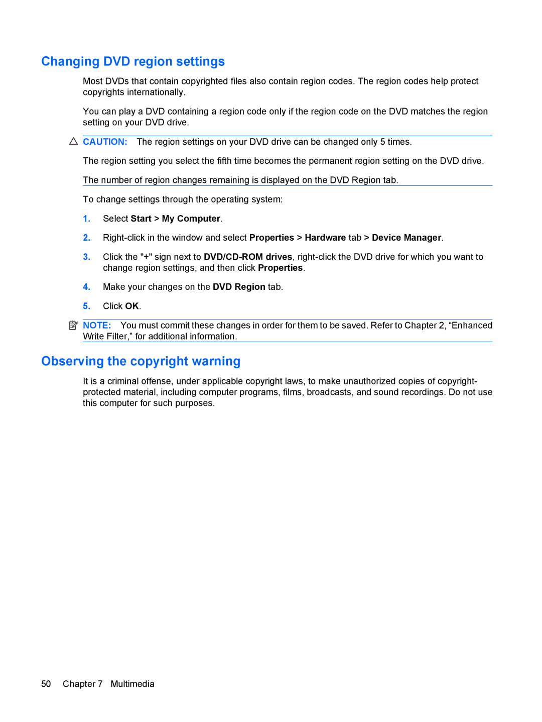 HP 2533t Mobile manual Changing DVD region settings, Observing the copyright warning, Select Start My Computer 